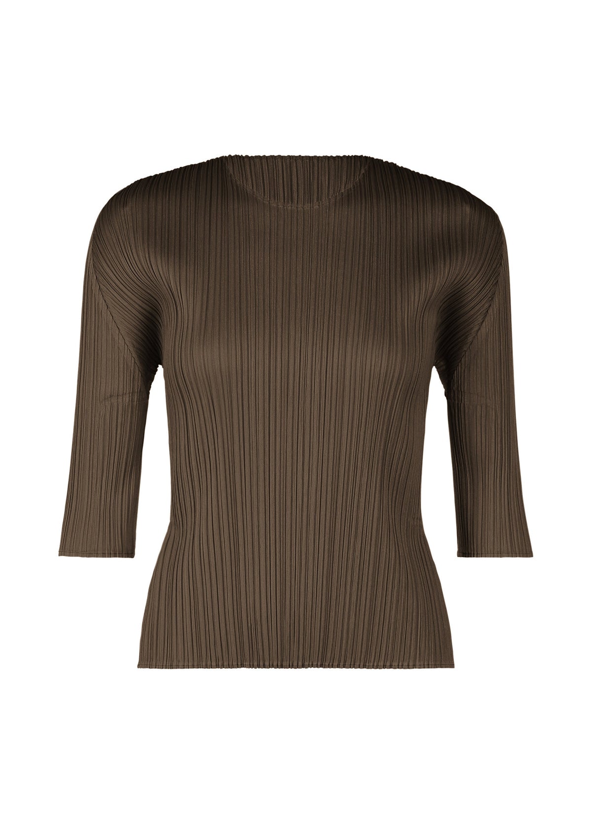 A product shot of the PLEATS PLEASE ISSEY MIYAKE MONTHLY COLORS MARCH top in dark brown (45).