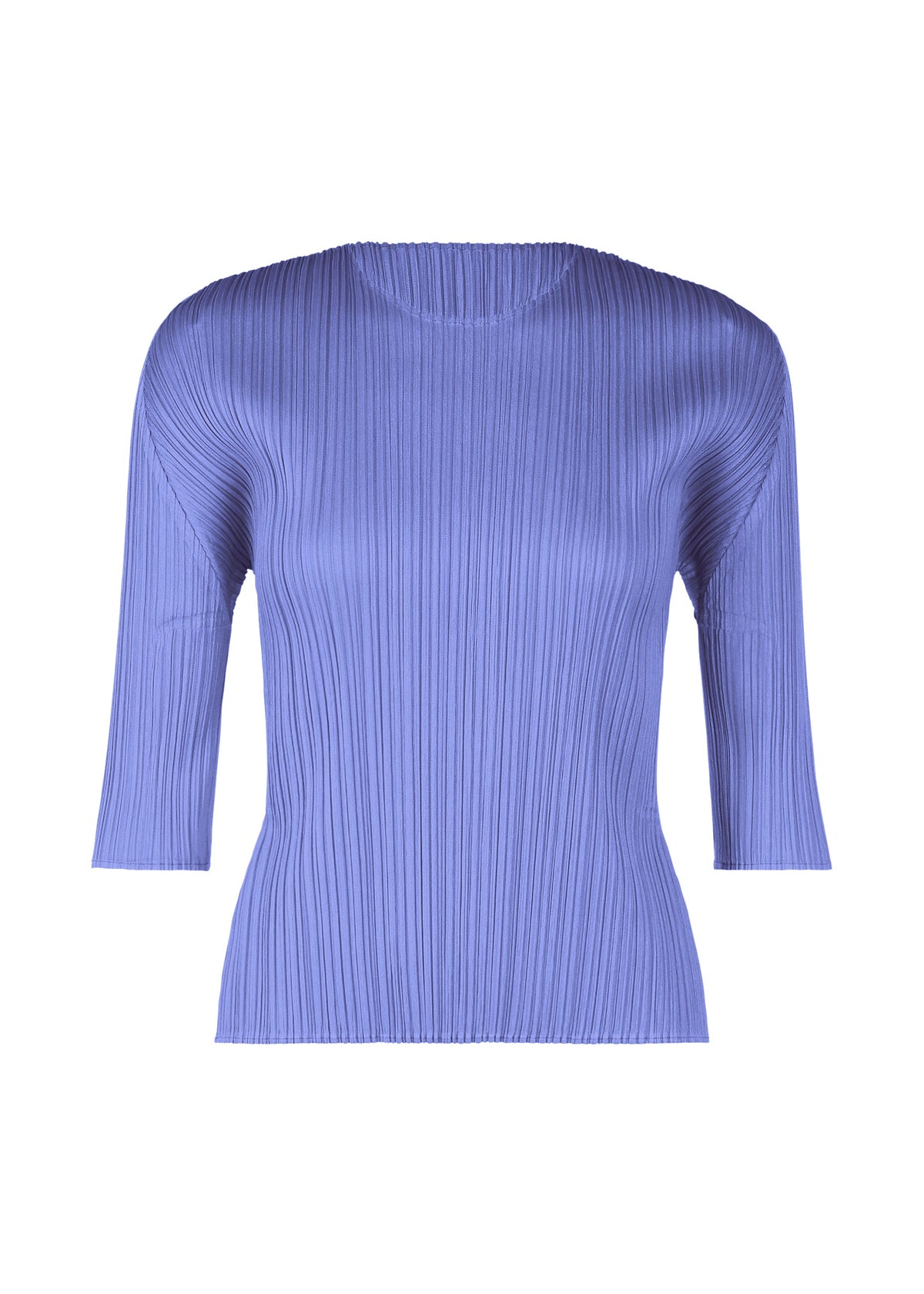 A product shot of the PLEATS PLEASE ISSEY MIYAKE MONTHLY COLORS MARCH top in steel blue (74).