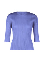 A product shot of the PLEATS PLEASE ISSEY MIYAKE MONTHLY COLORS MARCH top in steel blue (74).