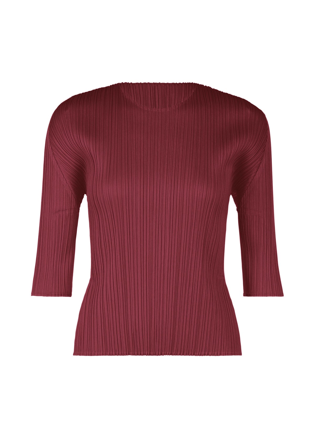 A product shot of the PLEATS PLEASE ISSEY MIYAKE MONTHLY COLORS MARCH top in bordeaux (84).