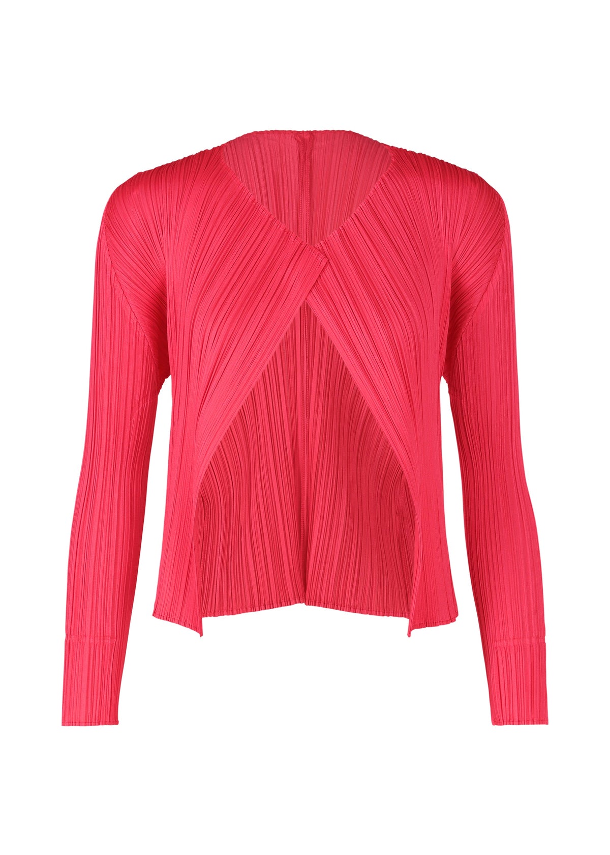 A product shot of the PLEATS PLEASE ISSEY MIYAKE MONTHLY COLORS MARCH cardigan in bright pink (21).