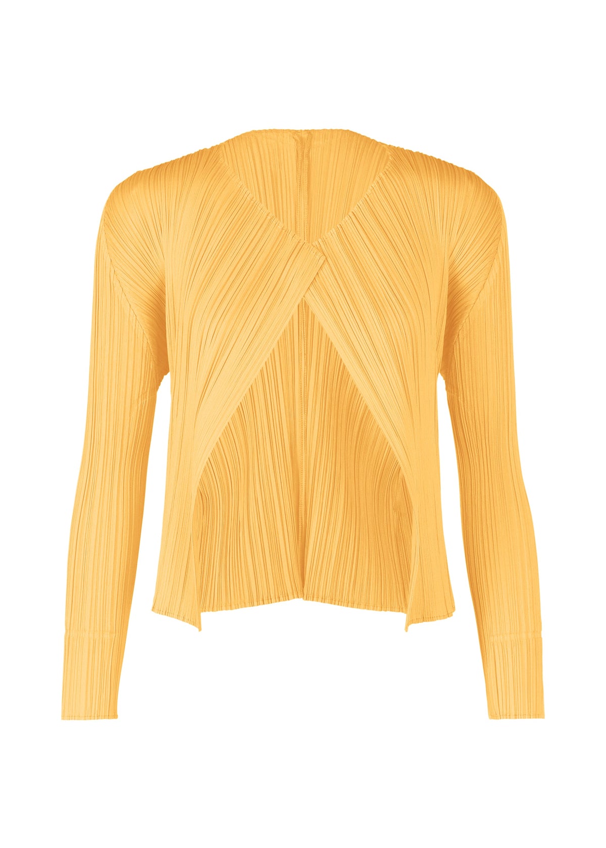 A product shot of the PLEATS PLEASE ISSEY MIYAKE MONTHLY COLORS MARCH cardigan in apricot yellow (30).