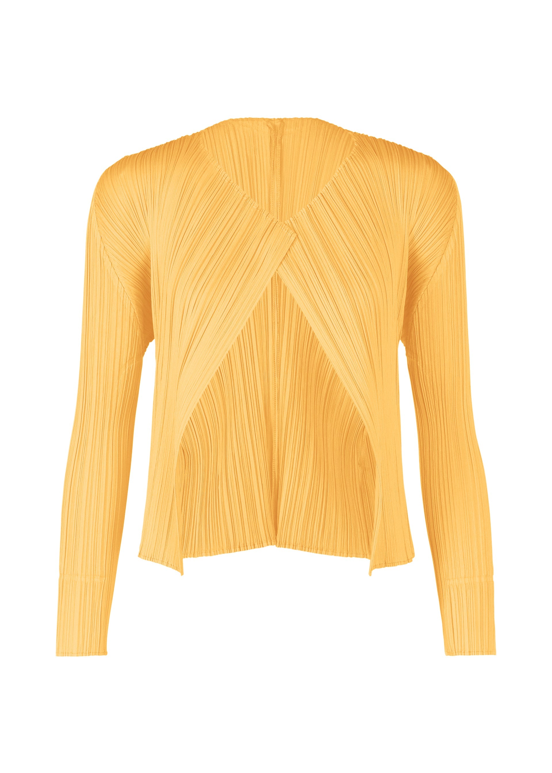 A product shot of the PLEATS PLEASE ISSEY MIYAKE MONTHLY COLORS MARCH cardigan in apricot yellow (30).