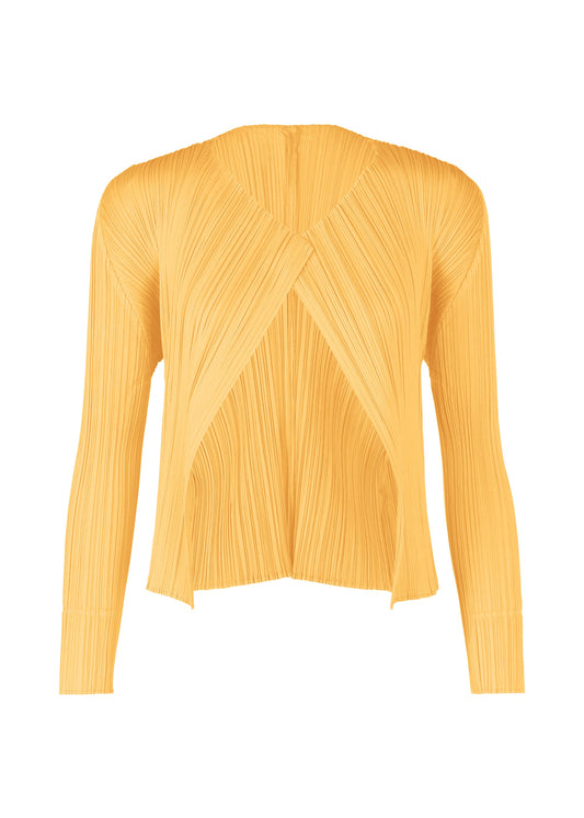 A product shot of the PLEATS PLEASE ISSEY MIYAKE MONTHLY COLORS MARCH cardigan in apricot yellow (30).