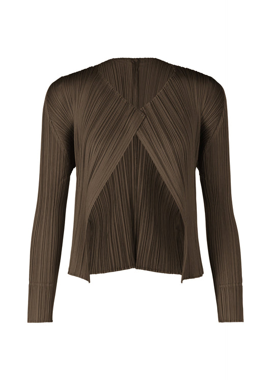 A product shot of the PLEATS PLEASE ISSEY MIYAKE MONTHLY COLORS MARCH cardigan in dark brown (45).