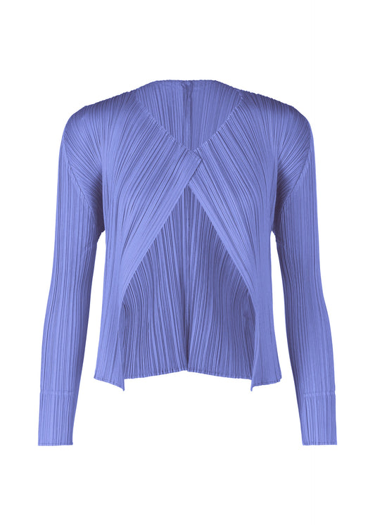 A product shot of the PLEATS PLEASE ISSEY MIYAKE MONTHLY COLORS MARCH cardigan in steel blue (74).