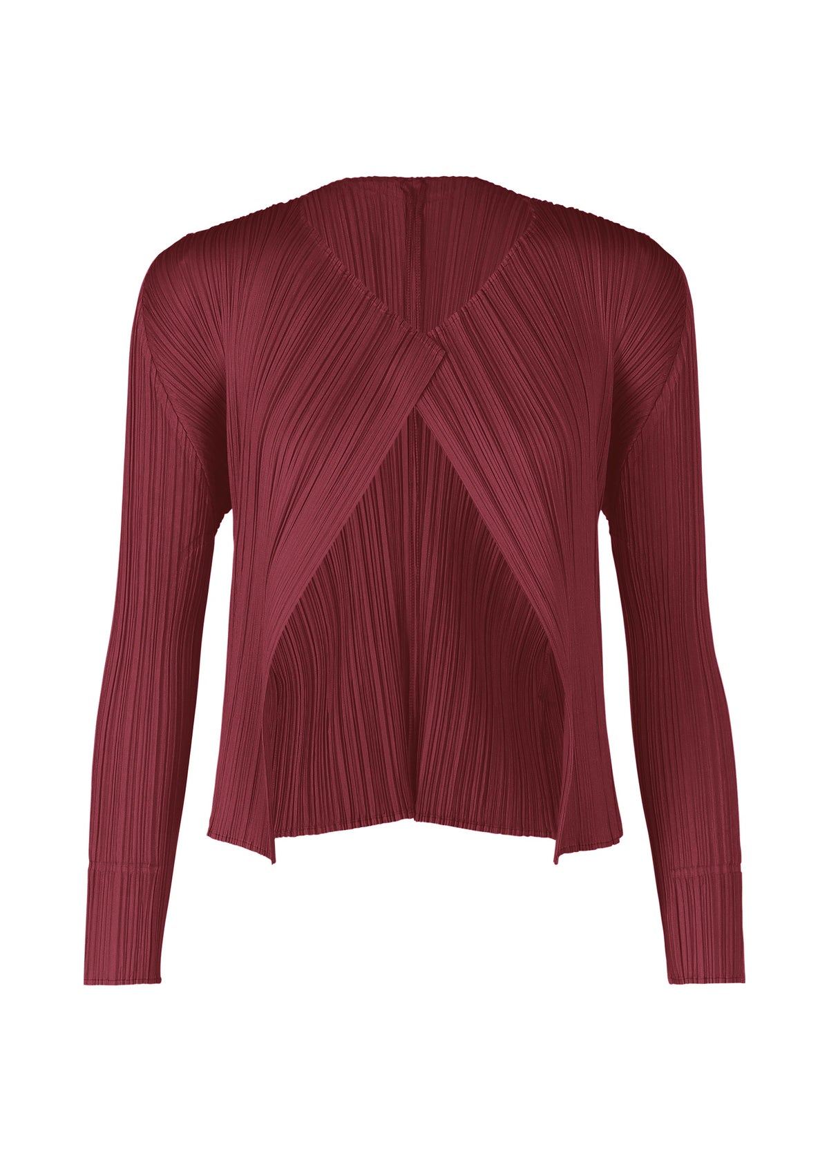 A product shot of the PLEATS PLEASE ISSEY MIYAKE MONTHLY COLORS MARCH cardigan in bordeaux (84).