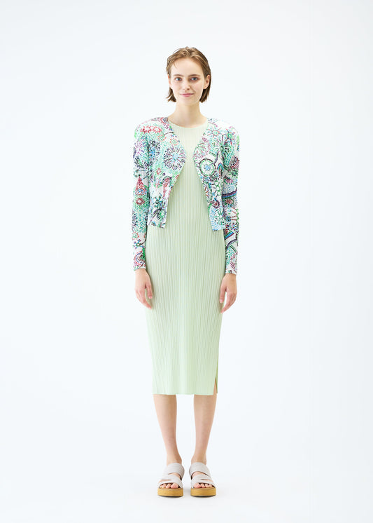 A model wears the PLEATS PLEASE ISSEY MIYAKE LIGHT FESTIVAL cardigan.