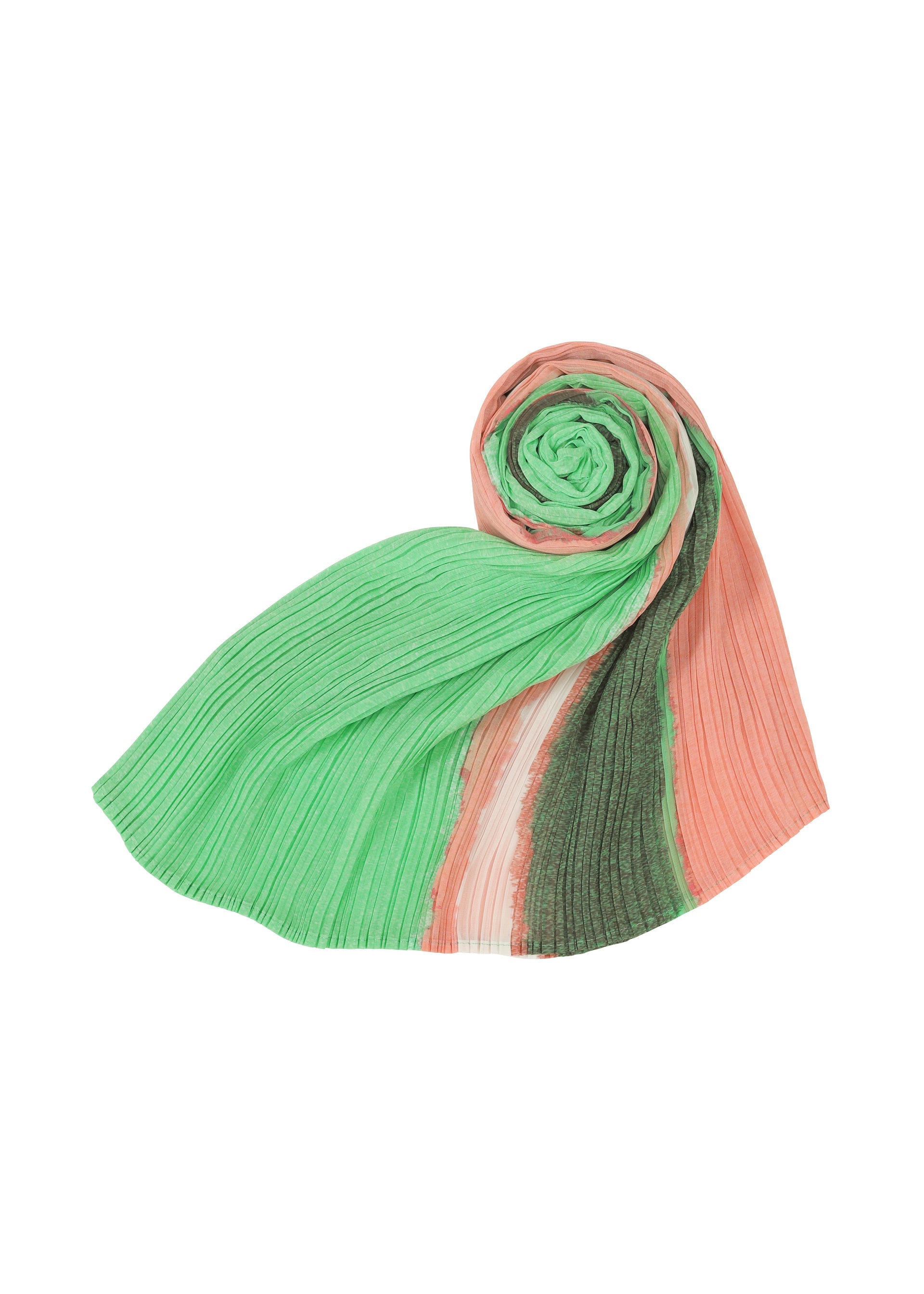 A detail shot of the PLEATS PLEASE ISSEY MIYAKE GRAINY COLORS MADAME T stole.