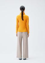 A model wears the PLEATS PLEASE ISSEY MIYAKE RIB PLEATS DECEMBER clothing.