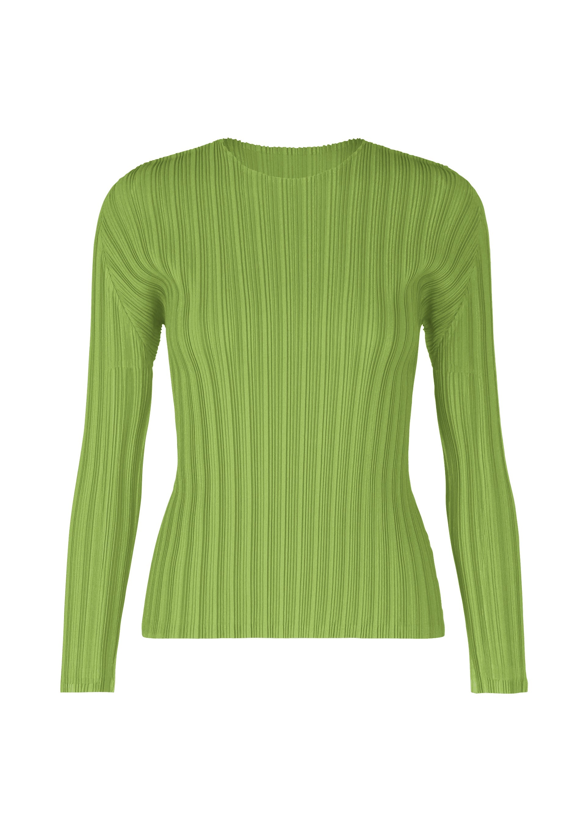 A product shot of the PLEATS PLEASE ISSEY MIYAKE RIB PLEATS NOVEMBER top in yellow green (58).