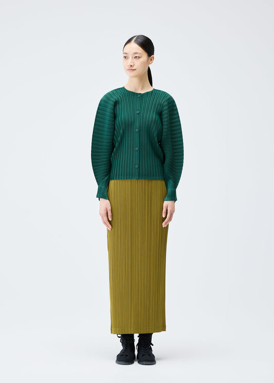A model wears the PLEATS PLEASE ISSEY MIYAKE RIB PLEATS DECEMBER clothing.