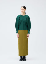 A model wears the PLEATS PLEASE ISSEY MIYAKE RIB PLEATS DECEMBER clothing.