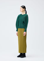 A model wears the PLEATS PLEASE ISSEY MIYAKE RIB PLEATS DECEMBER clothing.