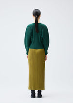 A model wears the PLEATS PLEASE ISSEY MIYAKE RIB PLEATS DECEMBER clothing.