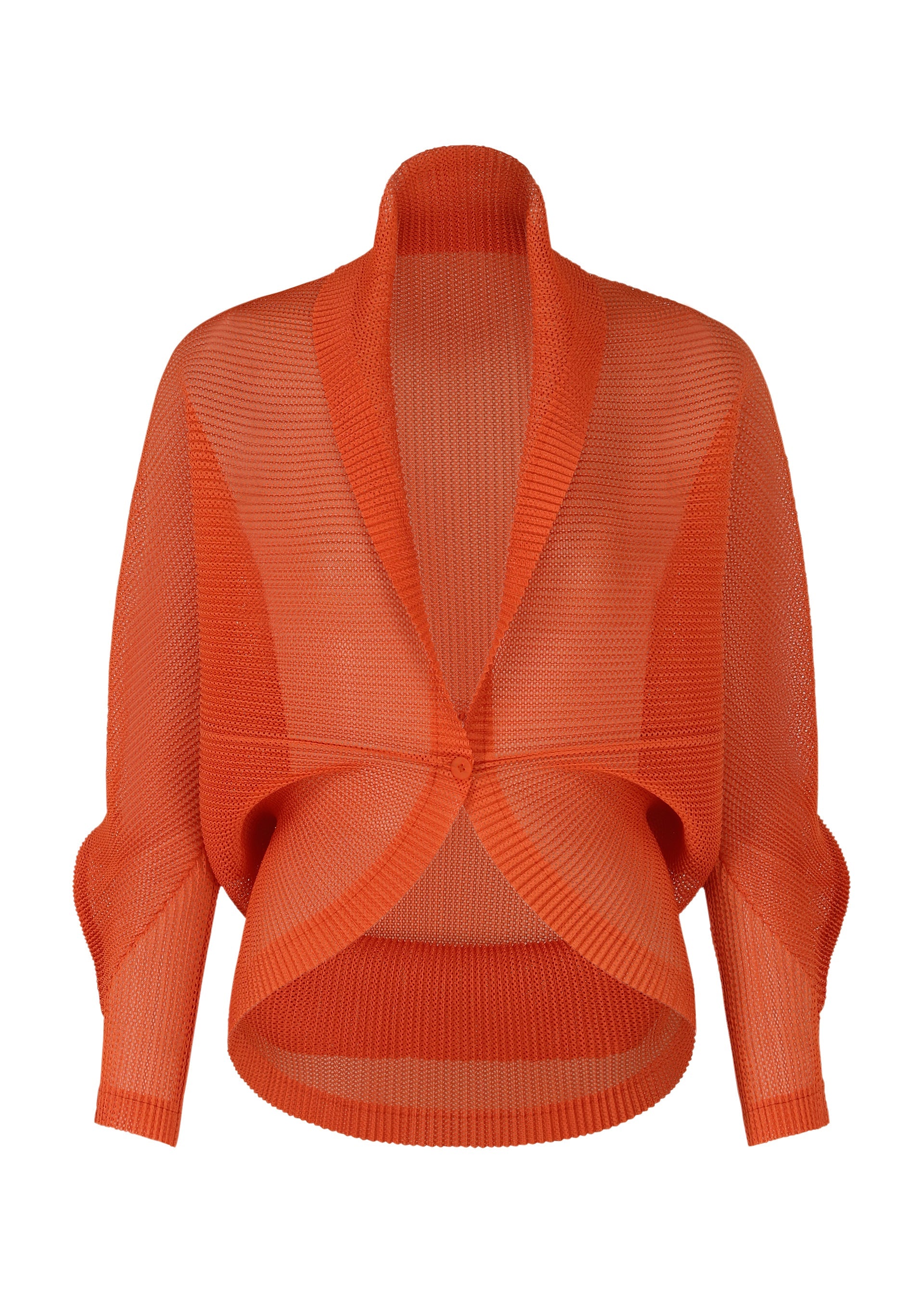 A product shot of the PLEATS PLEASE ISSEY MIYAKE TATAMI JULY cardigan in orange.