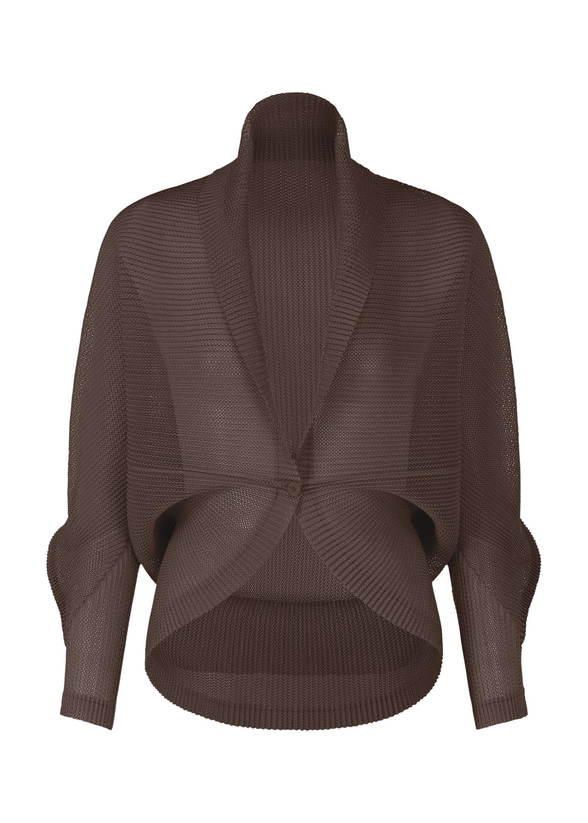 A product shot of the PLEATS PLEASE ISSEY MIYAKE TATAMI JULY cardigan in dark brown.