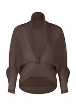 A product shot of the PLEATS PLEASE ISSEY MIYAKE TATAMI JULY cardigan in dark brown.