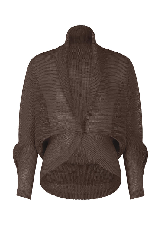 A product shot of the PLEATS PLEASE ISSEY MIYAKE TATAMI JULY cardigan in dark brown.