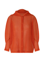 A product shot of the PLEATS PLEASE ISSEY MIYAKE TATAMI JULY cardigan in orange.