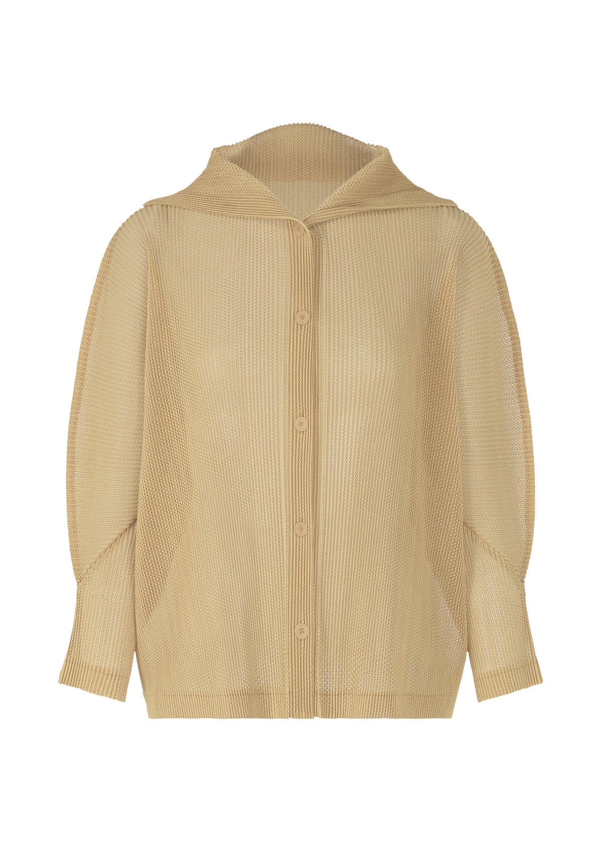 A product shot of the PLEATS PLEASE ISSEY MIYAKE TATAMI JULY cardigan in light beige.