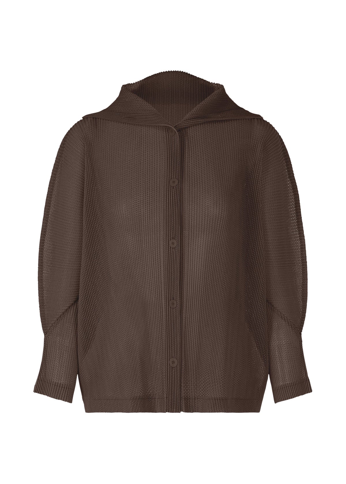 A product shot of the PLEATS PLEASE ISSEY MIYAKE TATAMI JULY cardigan in dark brown.