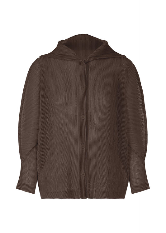 A product shot of the PLEATS PLEASE ISSEY MIYAKE TATAMI JULY cardigan in dark brown.