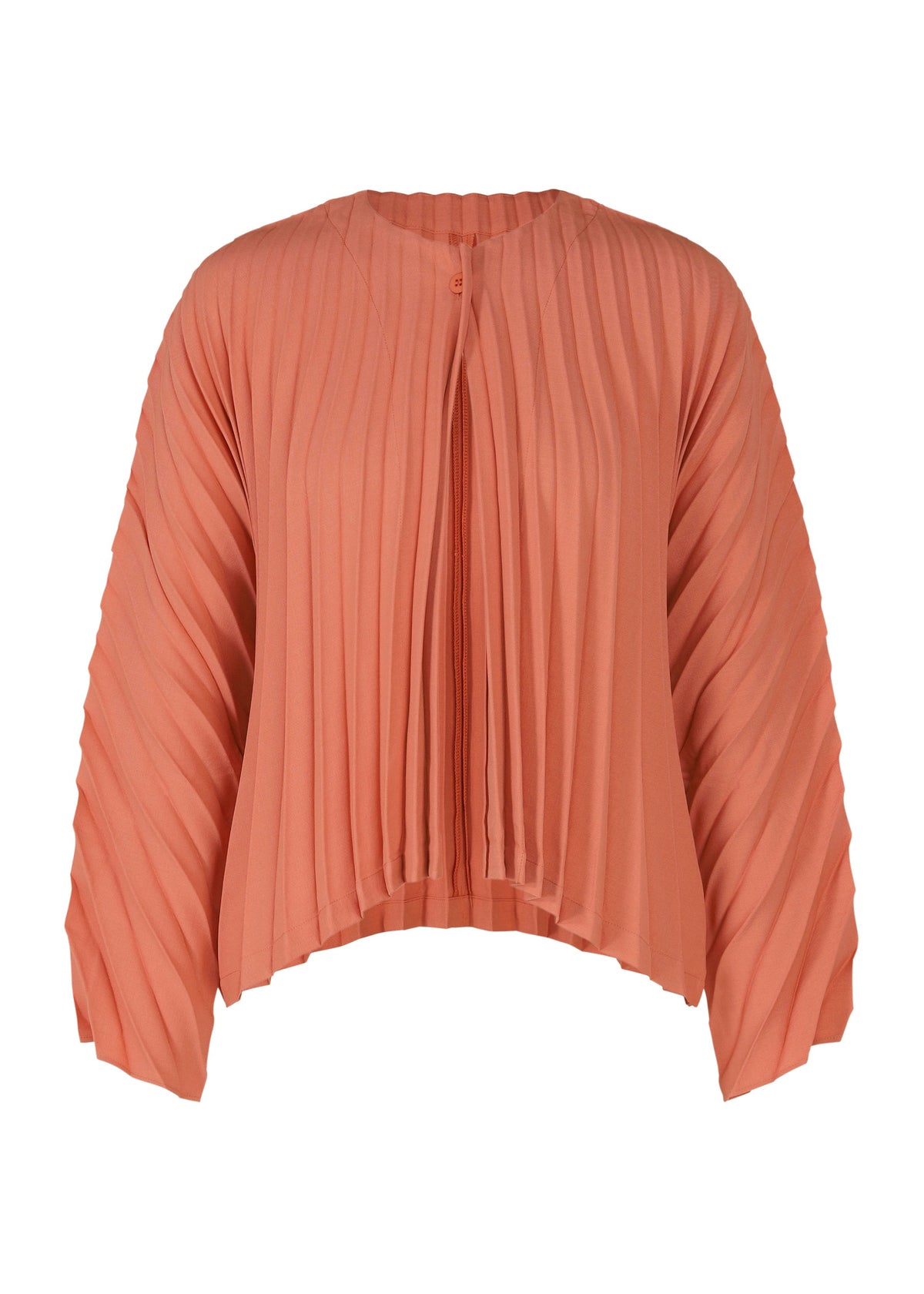 A product shot of the PLEATS PLEASE ISSEY MIYAKE CIRCULAR cardigan in coral pink (29).