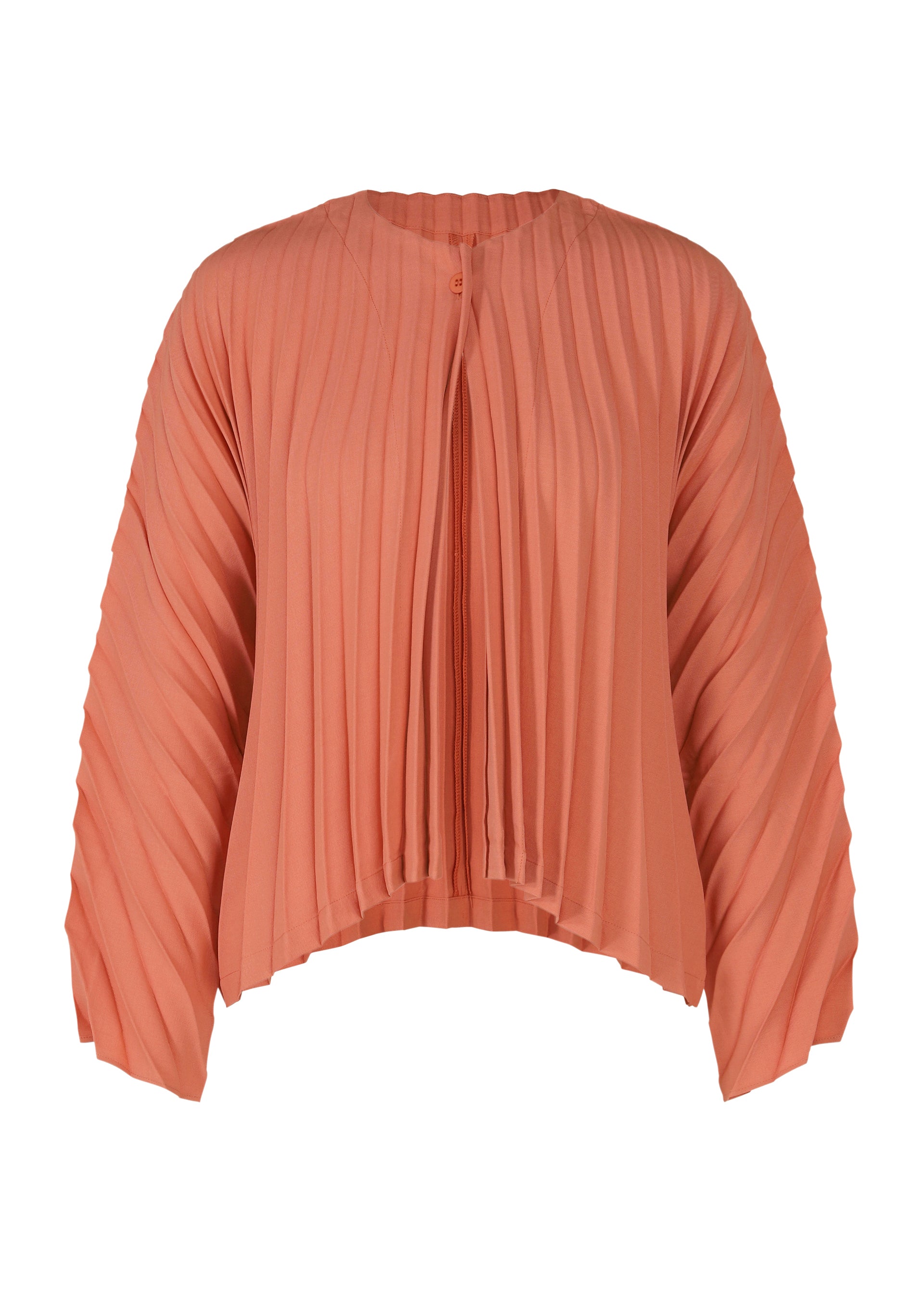 A product shot of the PLEATS PLEASE ISSEY MIYAKE CIRCULAR cardigan in coral pink (29).