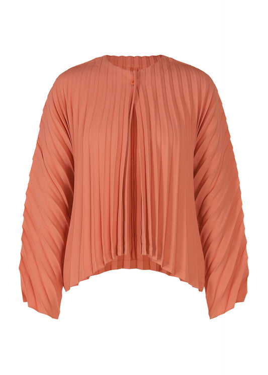 A product shot of the PLEATS PLEASE ISSEY MIYAKE CIRCULAR cardigan in coral pink (29).