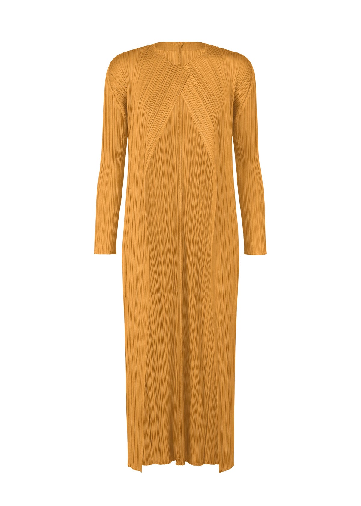 A product shot of the PLEATS PLEASE ISSEY MIYAKE MONTHLY COLORS SEPTEMBER coat in ochre (56).