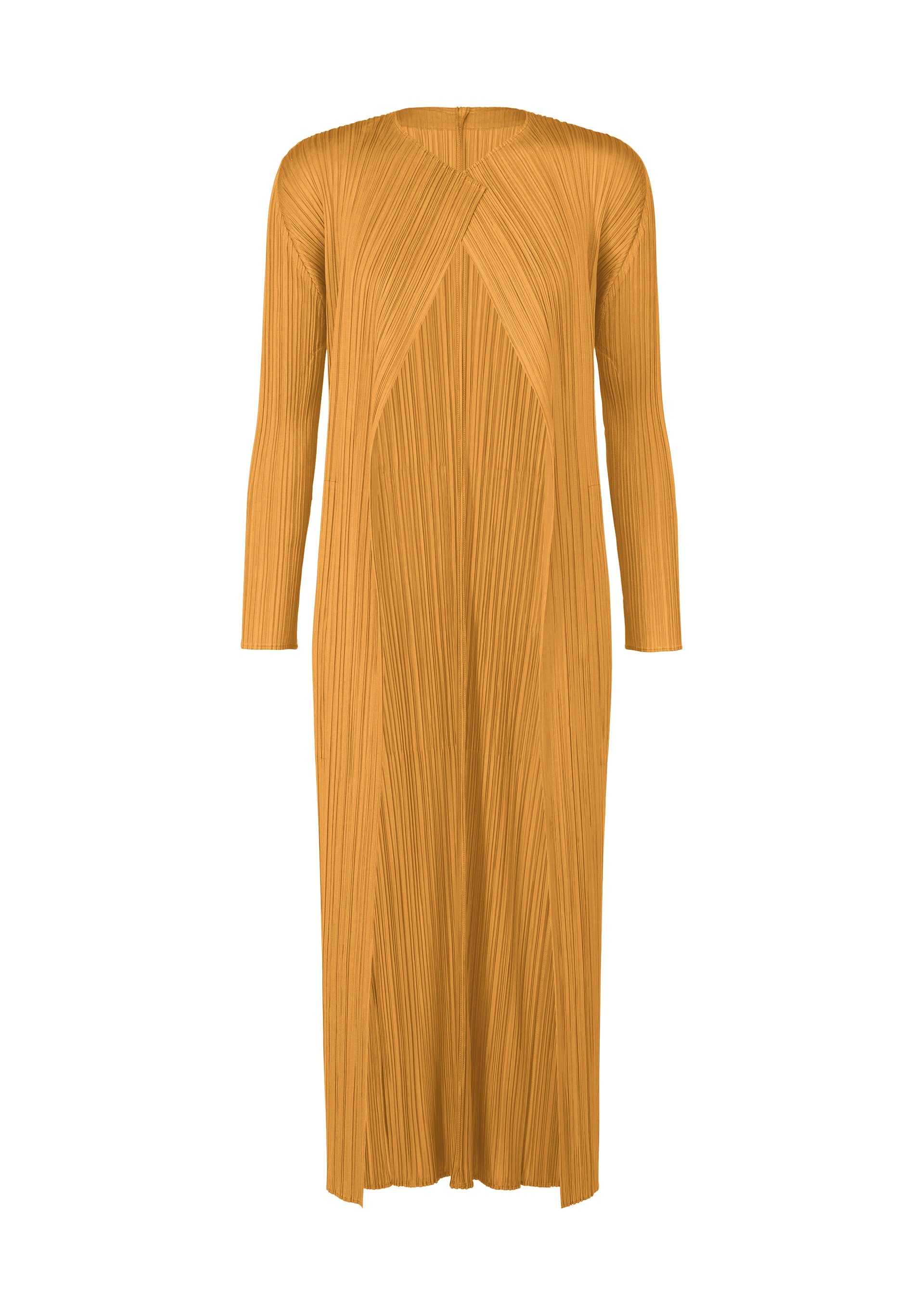 A product shot of the PLEATS PLEASE ISSEY MIYAKE MONTHLY COLORS SEPTEMBER coat in ochre (56).