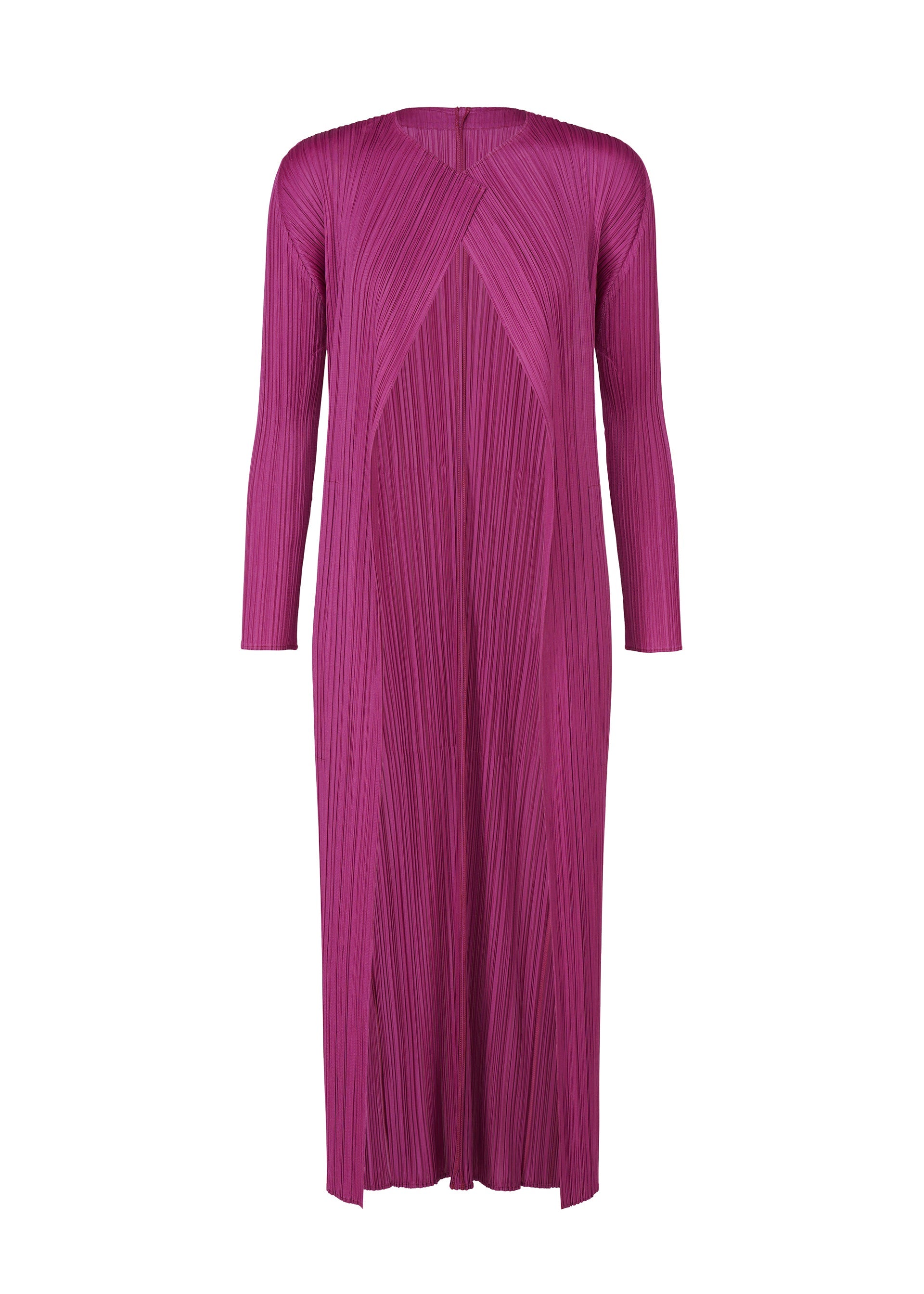 A product shot of the PLEATS PLEASE ISSEY MIYAKE MONTHLY COLORS SEPTEMBER coat in magenta (85).