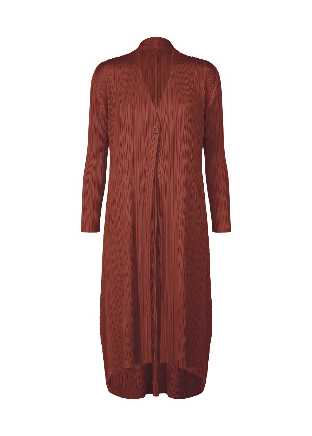 A product shot of the PLEATS PLEASE ISSEY MIYAKE MONTHLY COLORS OCTOBER coat in brown red (45).