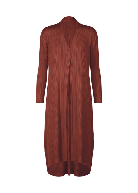 A product shot of the PLEATS PLEASE ISSEY MIYAKE MONTHLY COLORS OCTOBER coat in brown red (45).