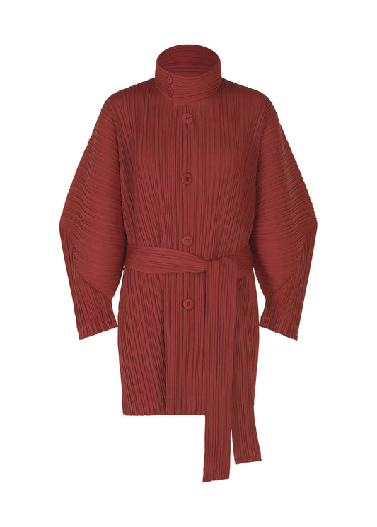 A product shot of the PLEATS PLEASE ISSEY MIYAKE WOOL PLEATS coat in brown red (45).