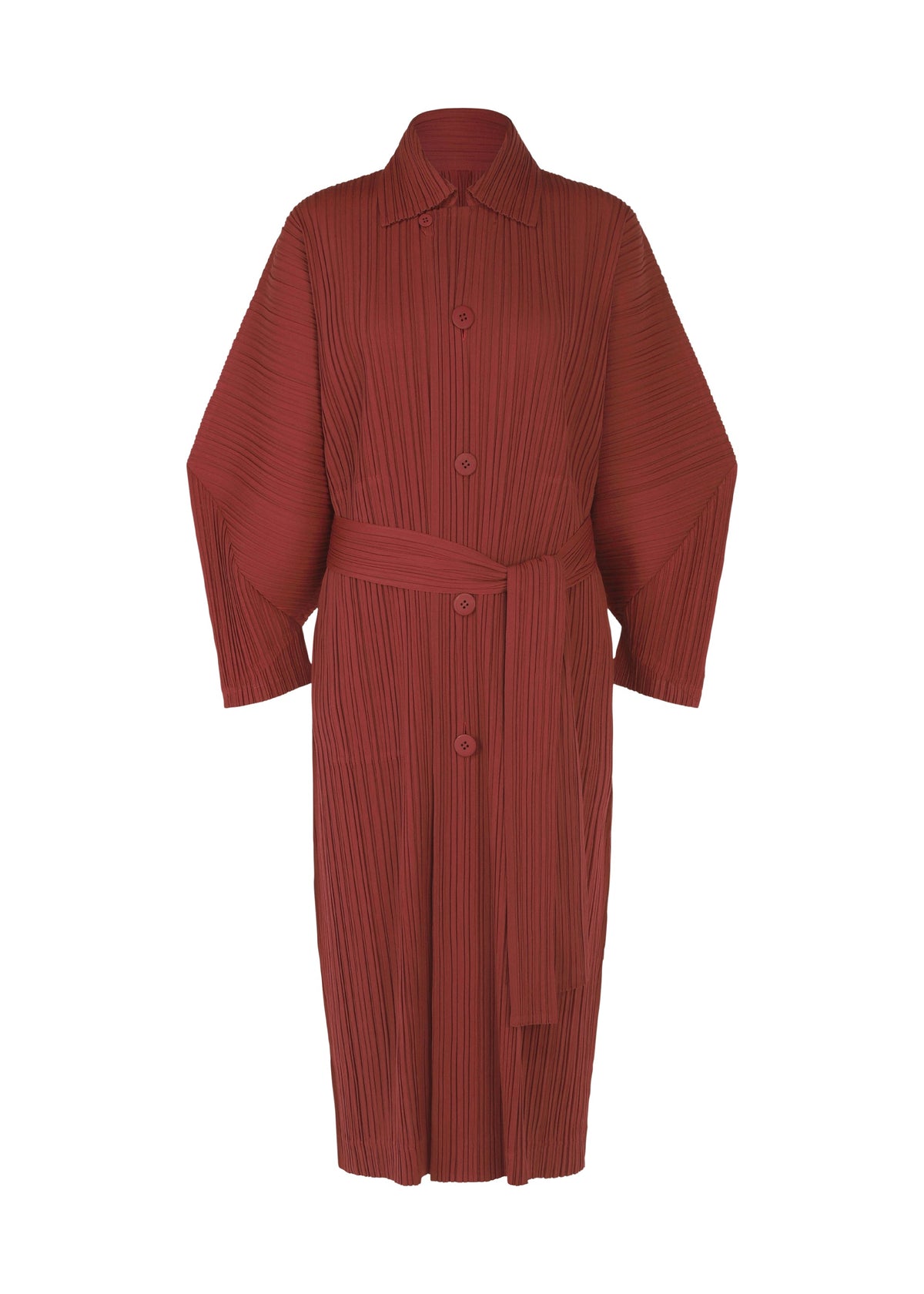 A product shot of the PLEATS PLEASE ISSEY MIYAKE WOOL PLEATS coat in brown red (45).