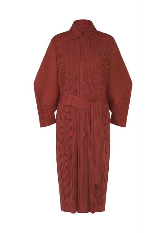 A product shot of the PLEATS PLEASE ISSEY MIYAKE WOOL PLEATS coat in brown red (45).