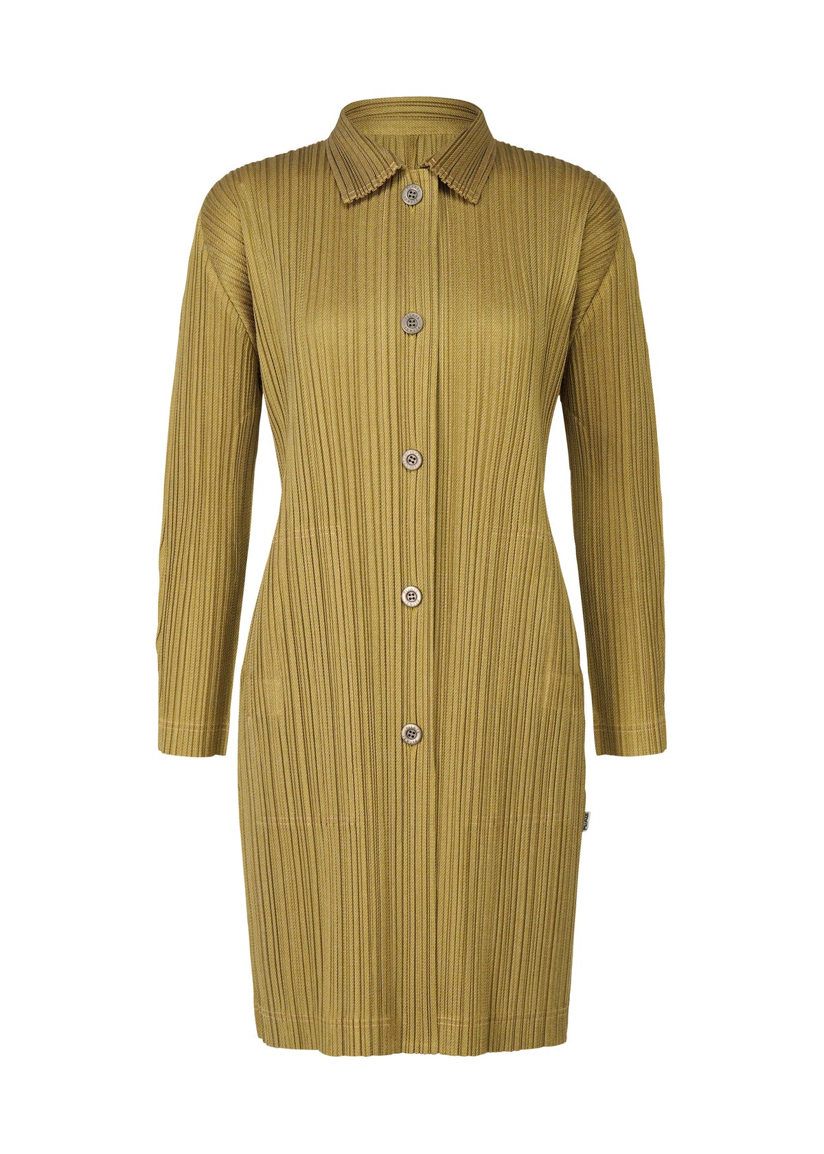 A product shot of the PLEATS PLEASE ISSEY MIYAKE COTTON DENIM coat in mustard (59).