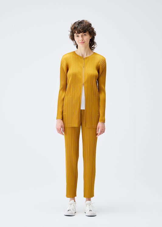 A model wears the PLEATS PLEASE ISSEY MIYAKE MONTHLY COLORS SEPTEMBER jacket.