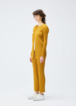 A model wears the PLEATS PLEASE ISSEY MIYAKE MONTHLY COLORS SEPTEMBER jacket.