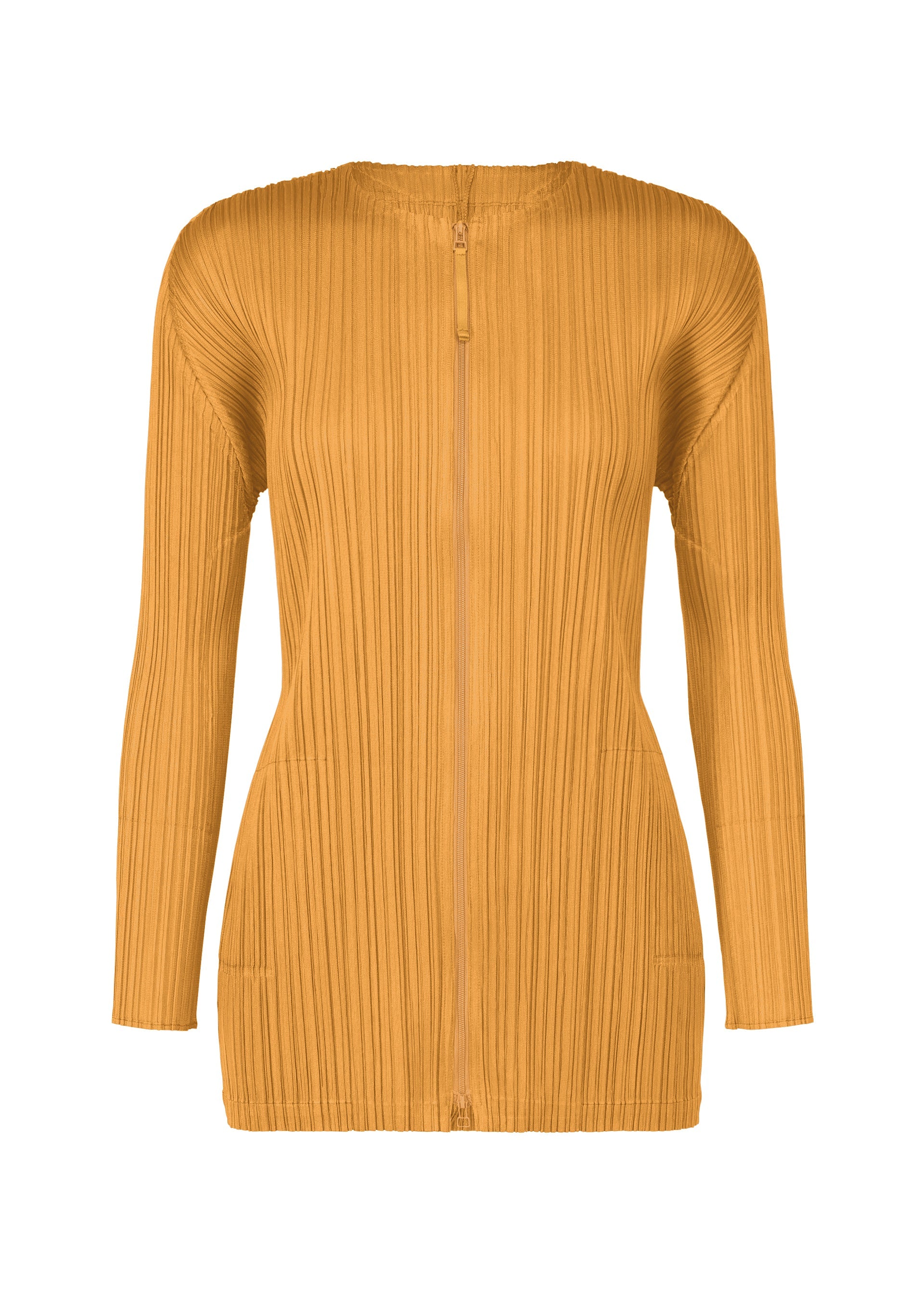 A product shot of the PLEATS PLEASE ISSEY MIYAKE MONTHLY COLORS SEPTEMBER jacket in ochre (56).