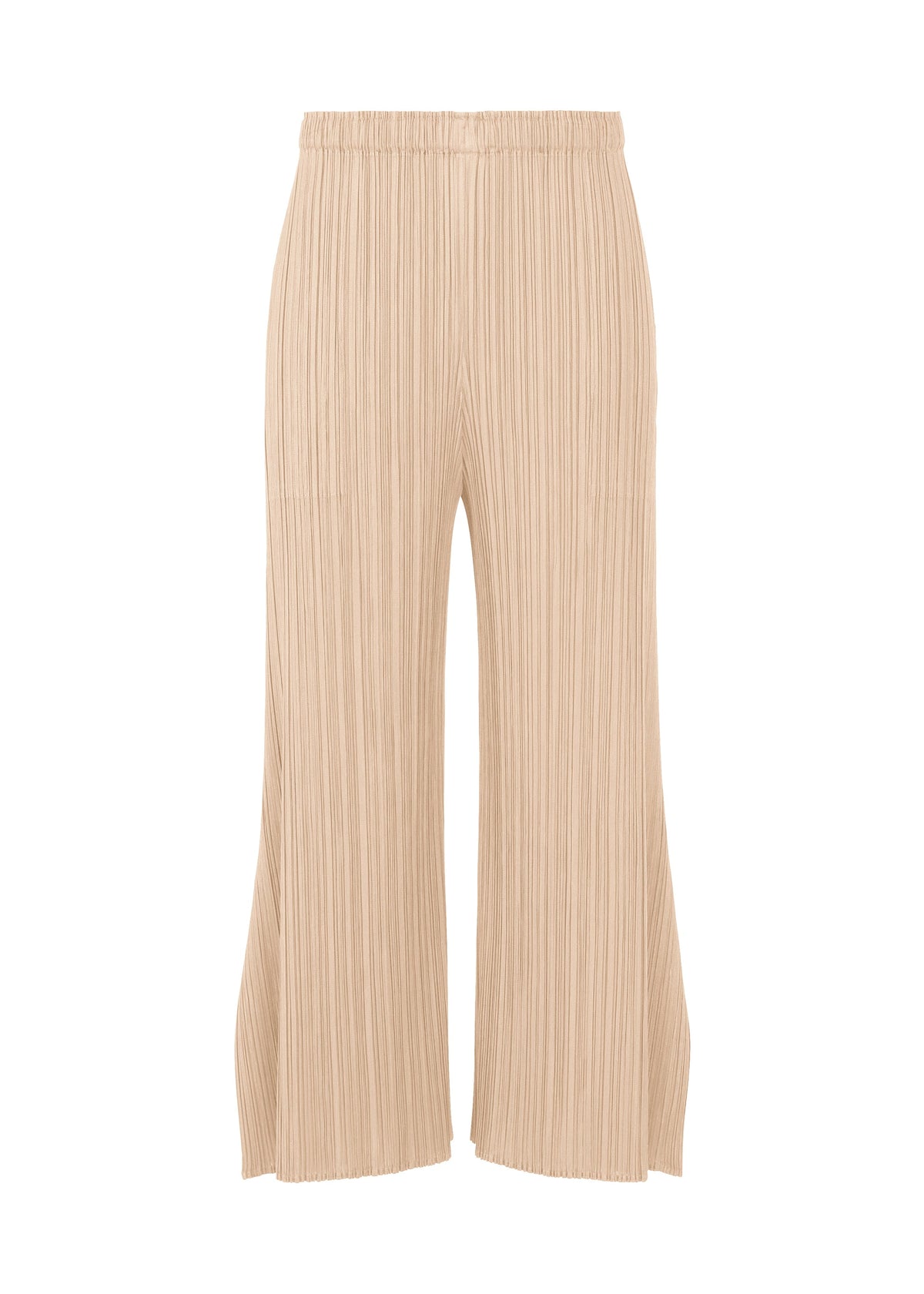 A product shot of the PLEATS PLEASE ISSEY MIYAKE MONTHLY COLORS JULY trousers in light beige.