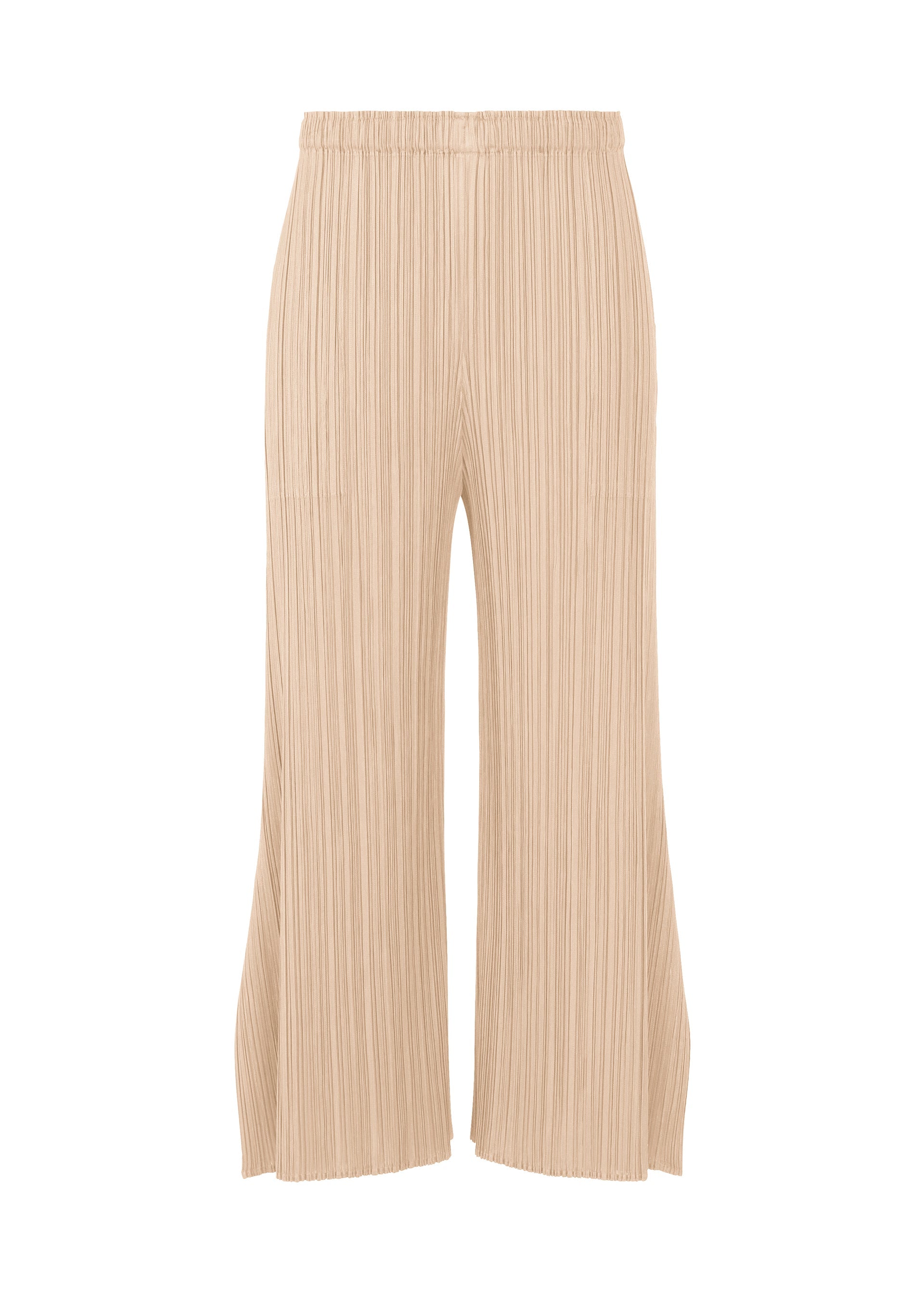 A product shot of the PLEATS PLEASE ISSEY MIYAKE MONTHLY COLORS JULY trousers in light beige.