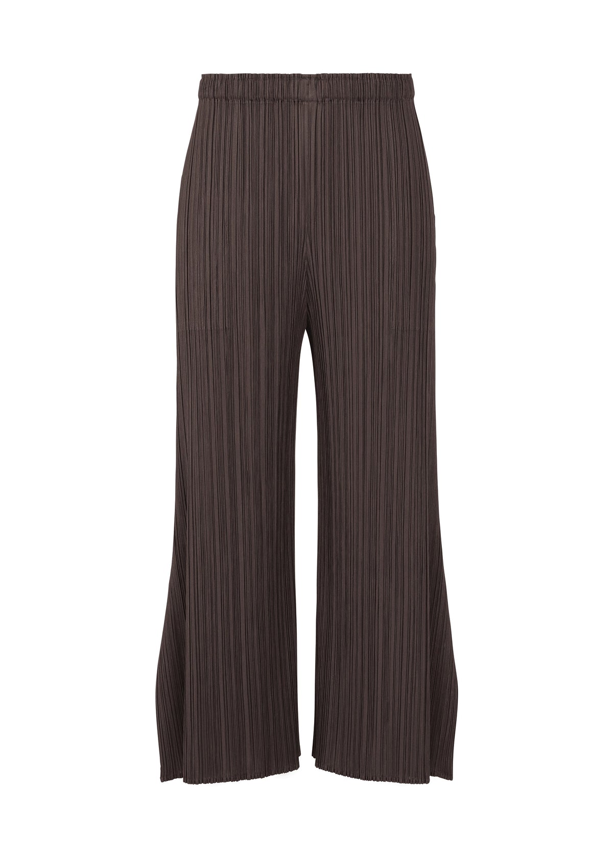 A product shot of the PLEATS PLEASE ISSEY MIYAKE MONTHLY COLORS JULY trousers in dark brown.