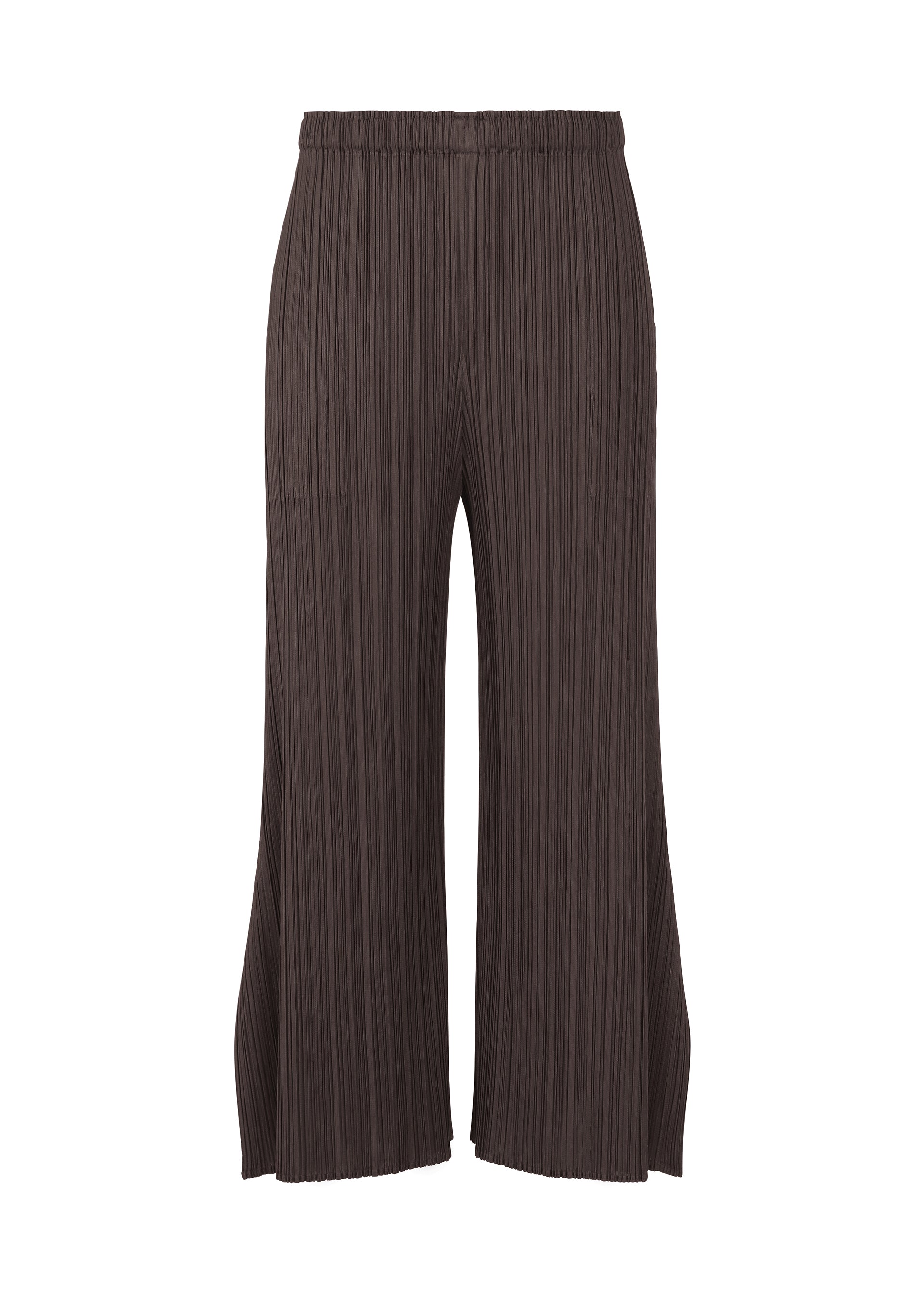 A product shot of the PLEATS PLEASE ISSEY MIYAKE MONTHLY COLORS JULY trousers in dark brown.