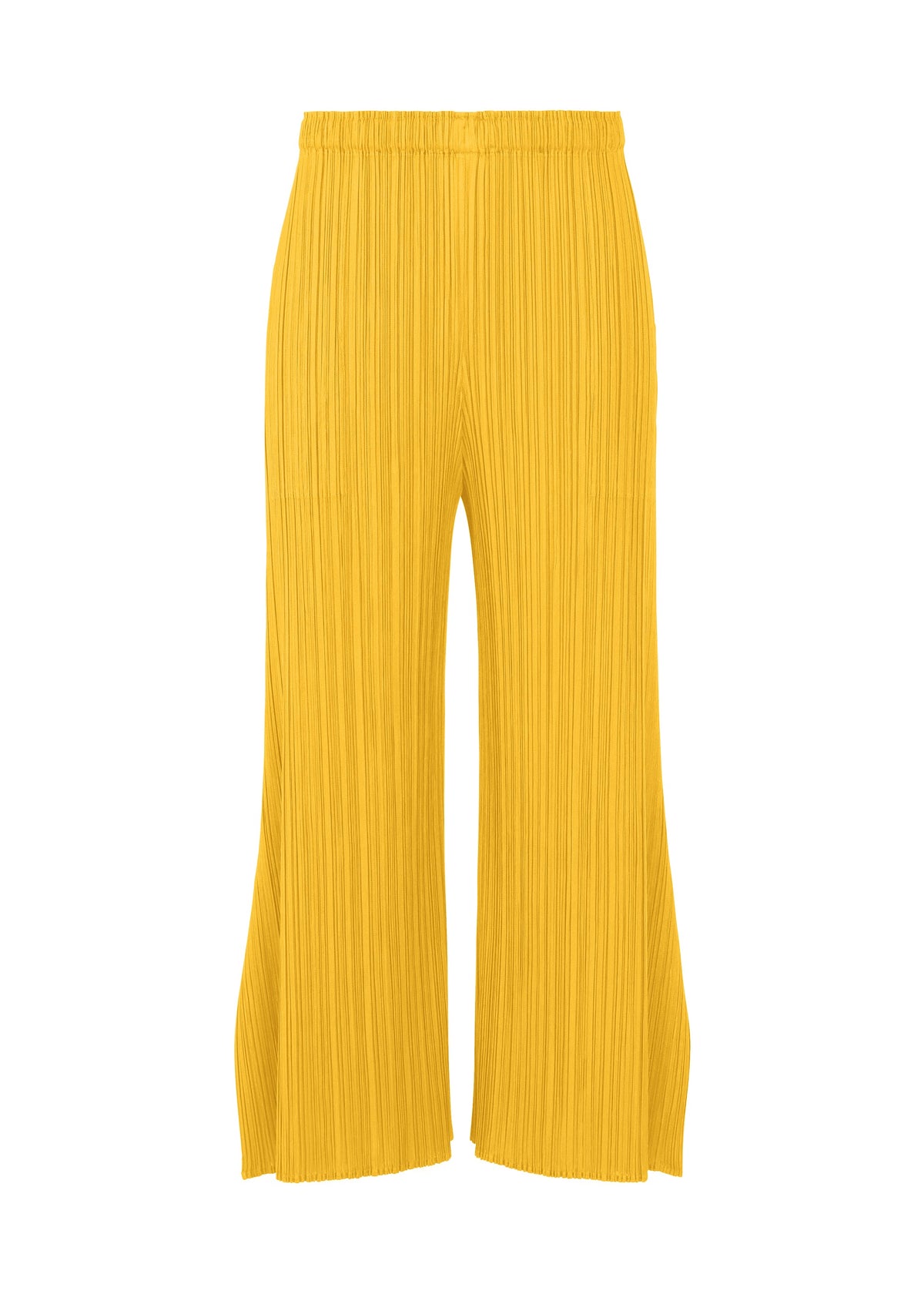 A product shot of the PLEATS PLEASE ISSEY MIYAKE MONTHLY COLORS JULY trousers in yellow.