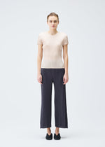 A model wears the PLEATS PLEASE ISSEY MIYAKE MONTHLY COLORS JULY trousers.