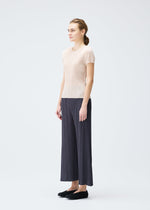 A model wears the PLEATS PLEASE ISSEY MIYAKE MONTHLY COLORS JULY trousers.