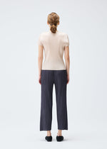 A model wears the PLEATS PLEASE ISSEY MIYAKE MONTHLY COLORS JULY trousers.